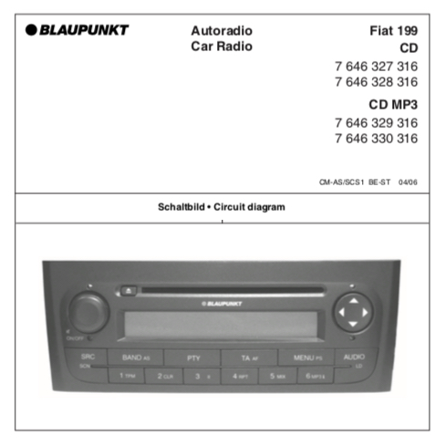 BLAUPUNKT Fiat 199 7646327316 / 7646328316 / 7646329316 / 7646330316 Circuit Diagram Service Manual Schematic